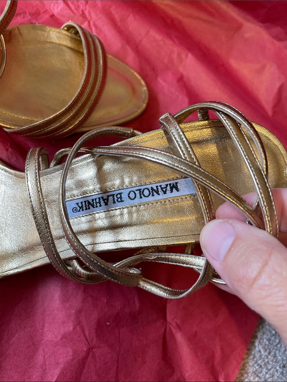 Manolo Blahnik Metallic Gold Multi-Strap Heeled Sandals - bonus cute gold clutch - Picture 5 of 14